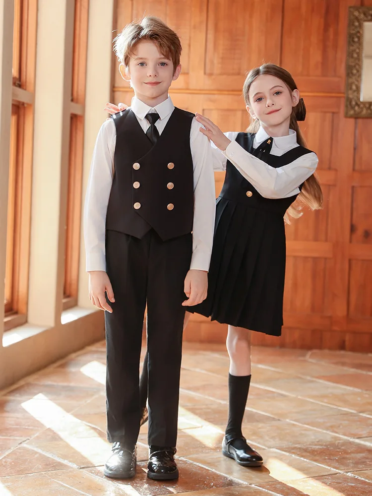 Solid Shirt Vest Suit Pants Girls Waistcoat Skirts Boys British Student Clothes Set Formal Dress Suits Child School Uniform