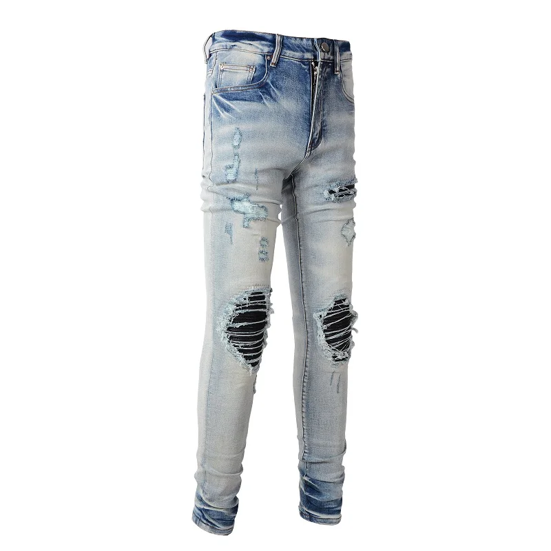 Herren-Lederjeans mit Plissee-Patches, Biker-Stil, Streetwear, Skinny, schmal geschnitten, hochelastisch, Jeanshose mit Löchern, zerrissen, Distressed-Hose – Detail 4