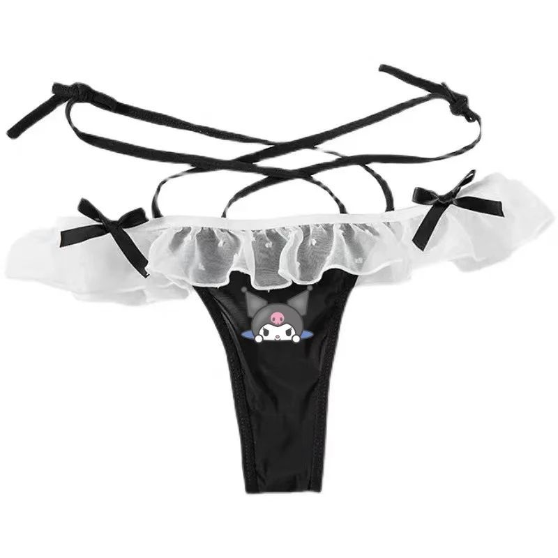 

Sexy Kuromi G-string Pants for Women Anime with Thin Ribbons Hollow Waist Lace Puffy Underwear Low Waist Bow Knot Maid's T Pants