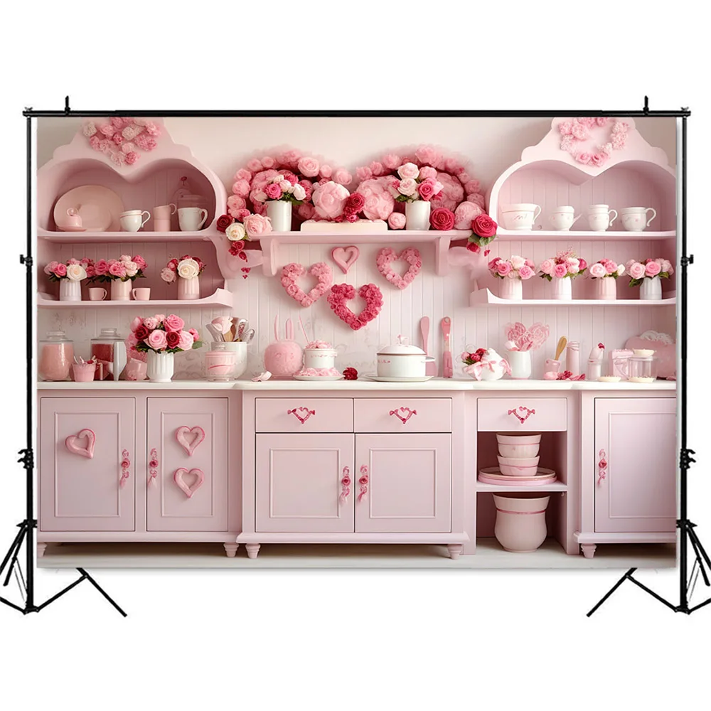 Фон для студийной фотосъемки с изображением кухни на День святого Валентина, розового сердца, цветов, романтическое украшение, баннер для девочек