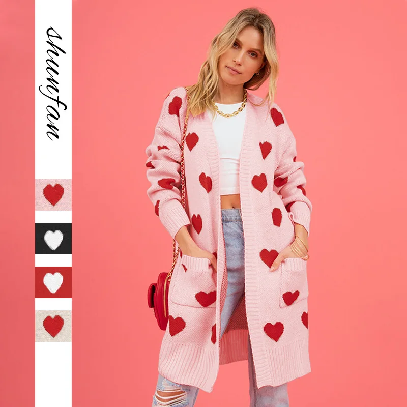 

2025 New Pink Love Knit Cardigan V-Neck Midi Loose Sweater Jacket Personalized Commuter Warm Jacket Sweaters for Women Sweater