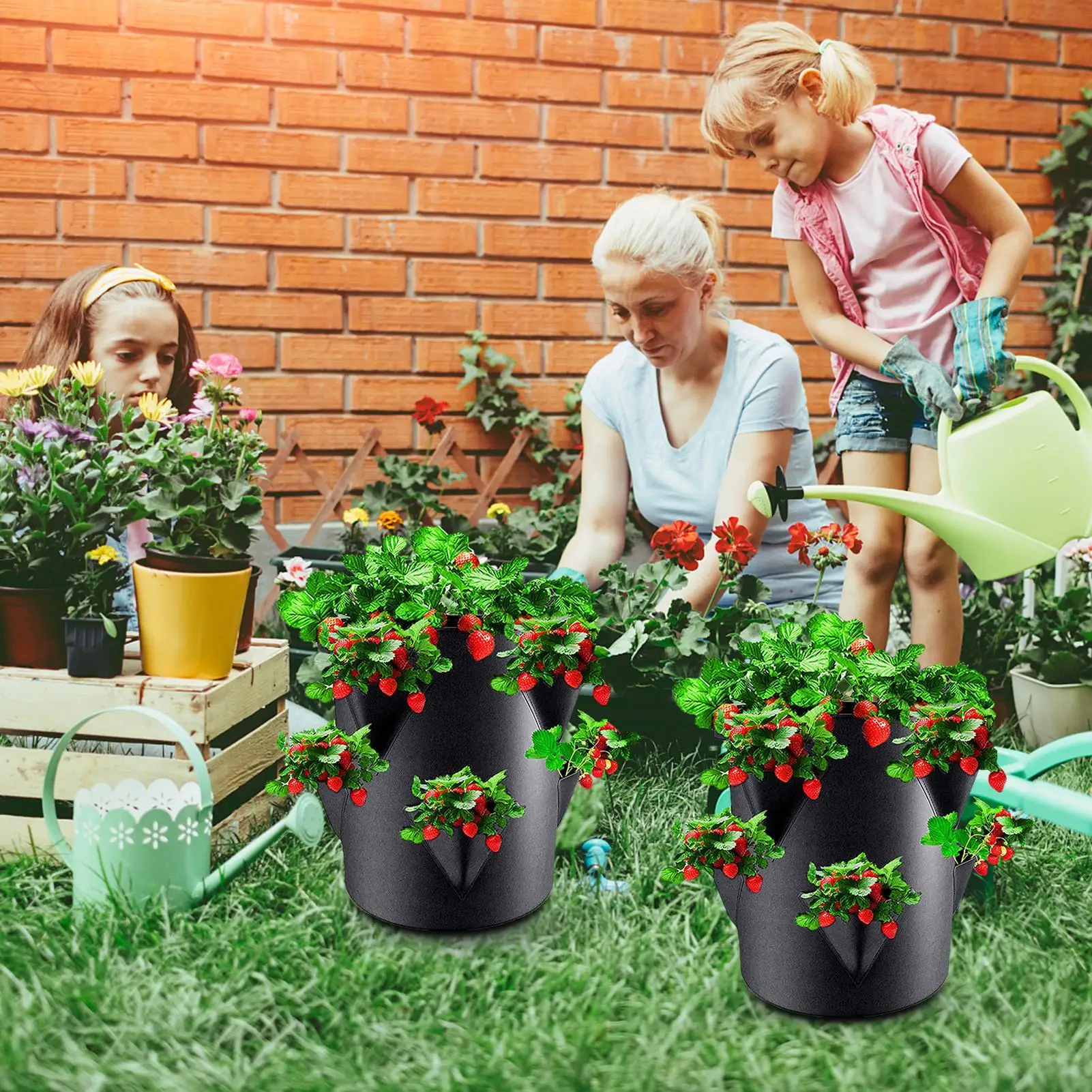 Thickened Strawberry Potato Growing Bags With 6 Side Grow Pocket Planters Garden Strawberry Outdoor Plant Bag Breathable