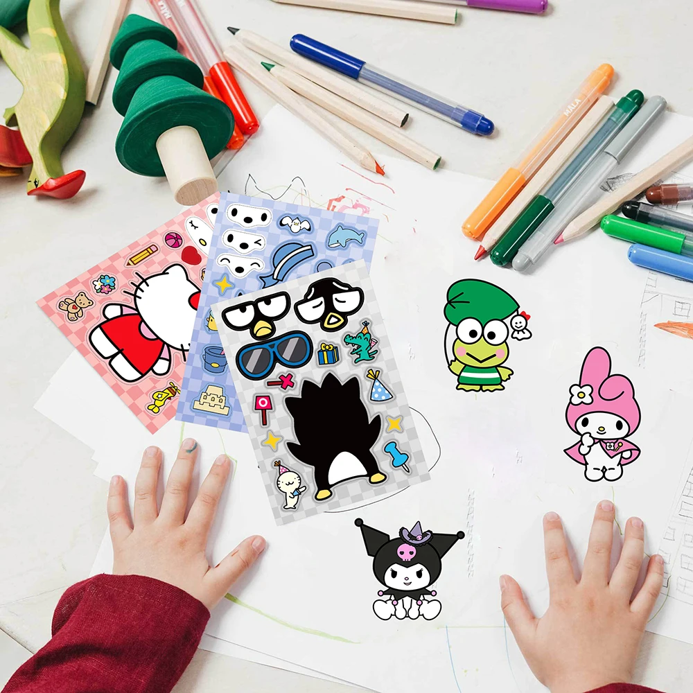 MINISO 8/16 Sheets Anime Stickers Sanrio Mix Kuromi Hello Kitty Children Puzzle Make Assemble Cartoon Game Decal Jigsaw Kid Toy