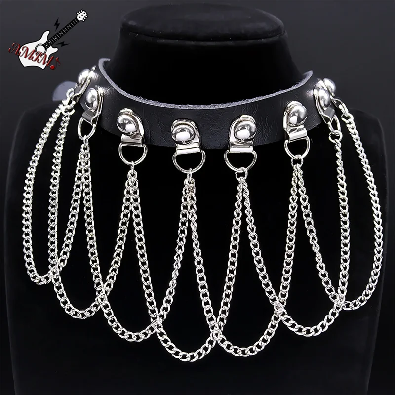 Gothic Metal PU Leather Tassel Stainless Steel Chain Necklace Harajuku Necklace Jewelry collares de moda 2024 mujer NXH1009S06