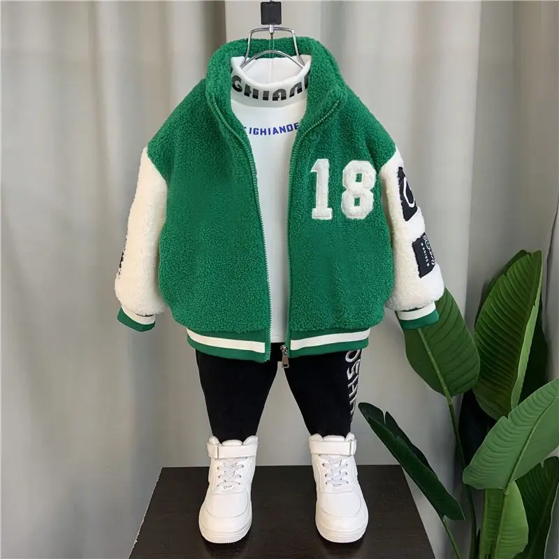 Autumn and Winter Boys\' and Girls\' Thickened Jacket 2023 New Children\'s Warm Jacket Teenage Girls\' Lamb Baseball uniform