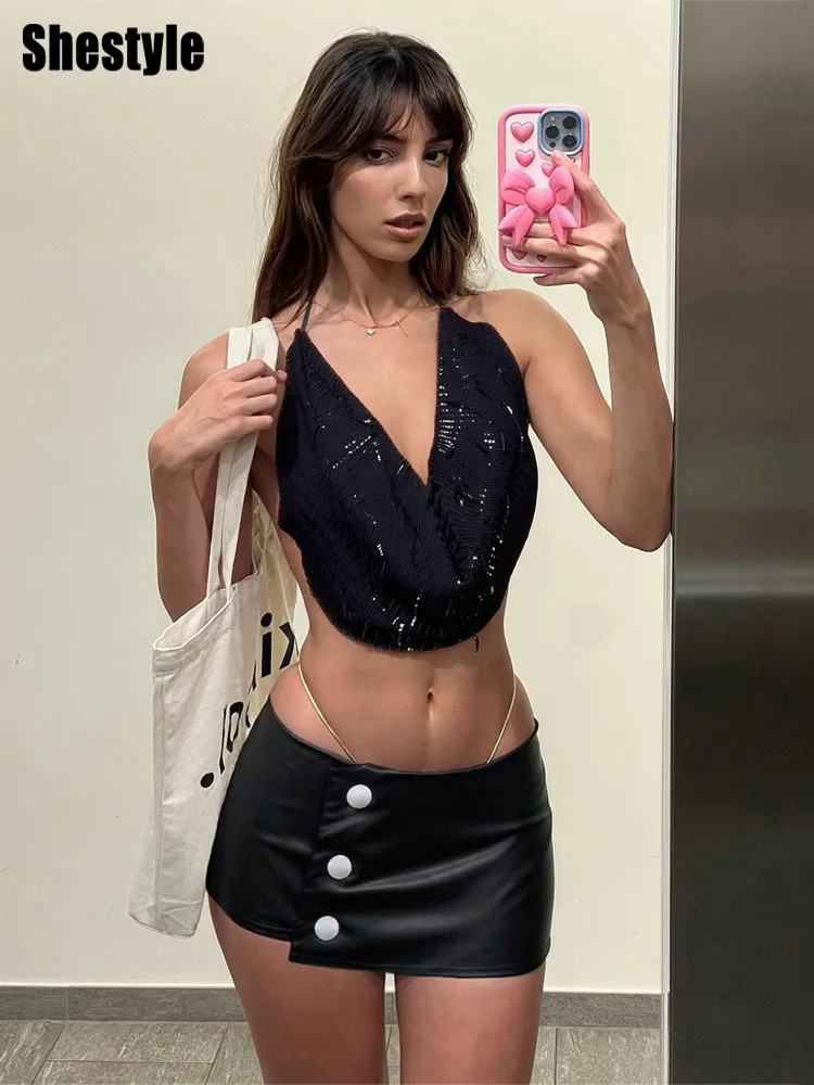 

Shestyle Button Mini Skirts PU Leather Women Sexy Cubwear Irregular Low Waist Hot High Street Fashion Bottom Brand Design Summer