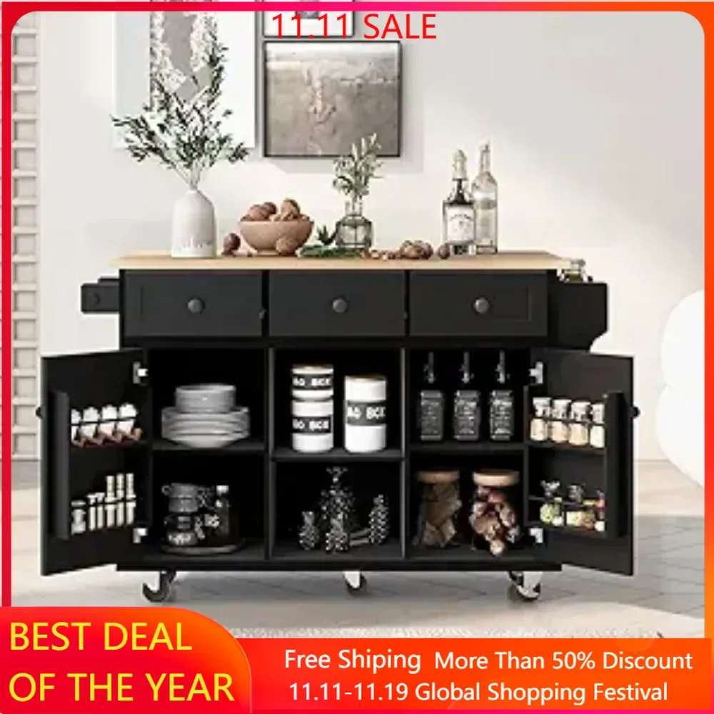 

Kitchen Island Cart with Drop-Leaf Cabinet Door Internal Storage Rack 5 Wheels 3 Drawers for Kitchen, Dining Room, Bathroom