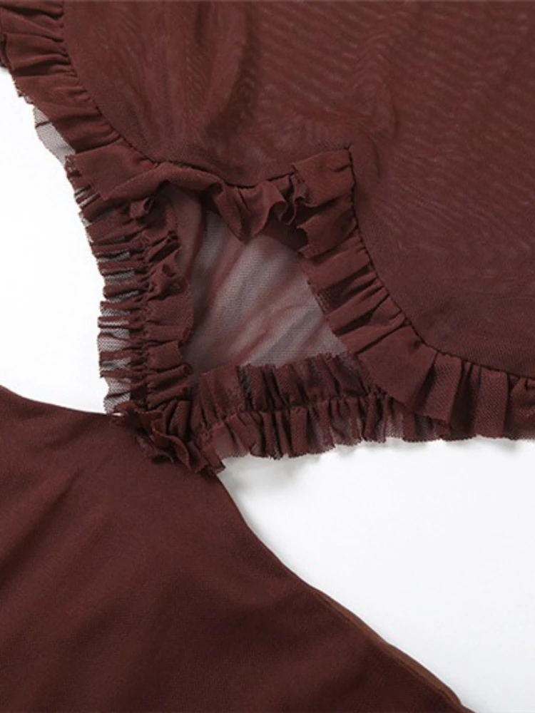 أنيقة مثير س الرقبة طويلة الأكمام الجوف خارج شبكة فستان قصير المرأة عالية الخصر Ruched قطع حفلة النادي الليلي فساتين الشارع الشهير