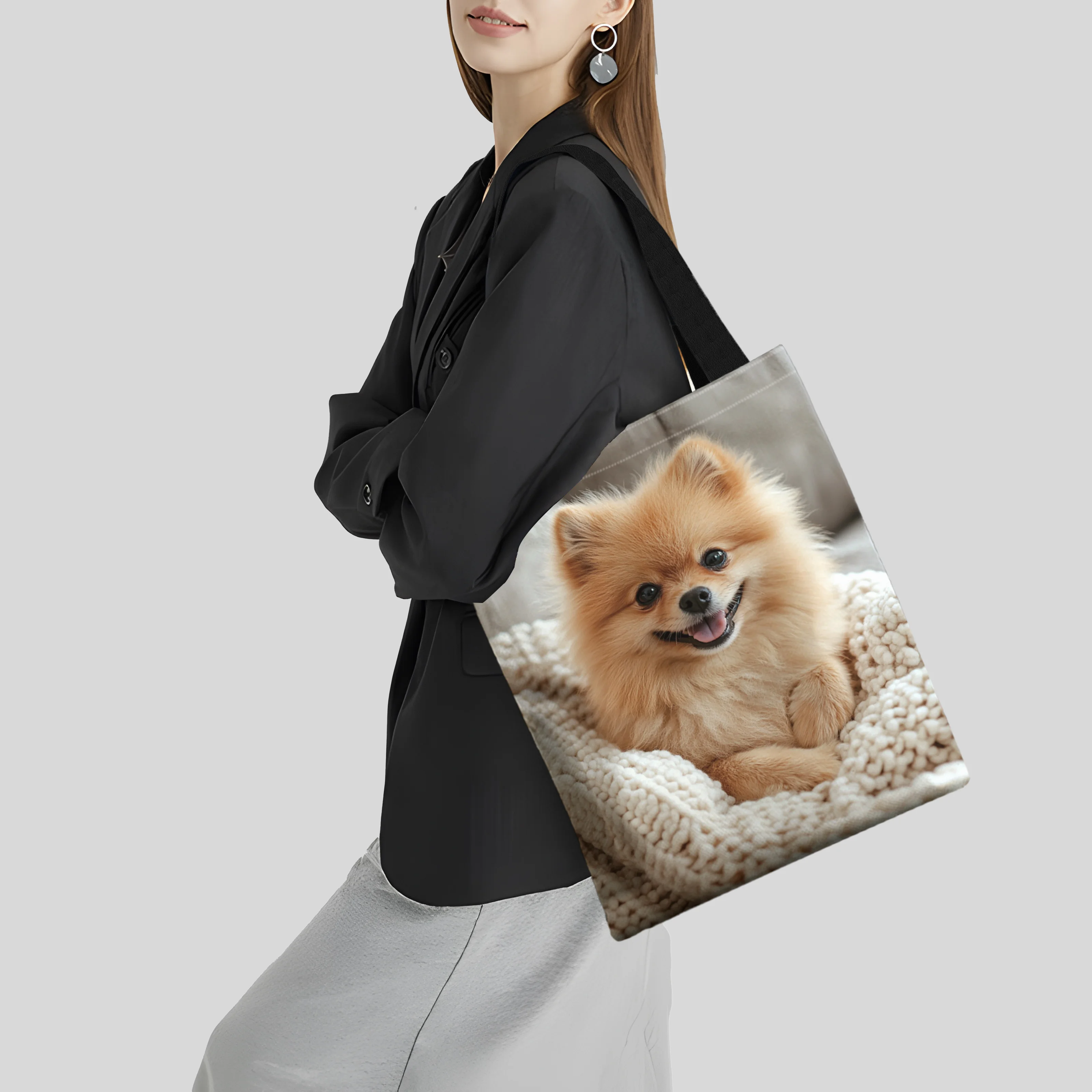 A Cheerful Pomeranian Dog Handbag Pink Flower Basket Print Tote Bag Large Capacity Practical Shopping Bag