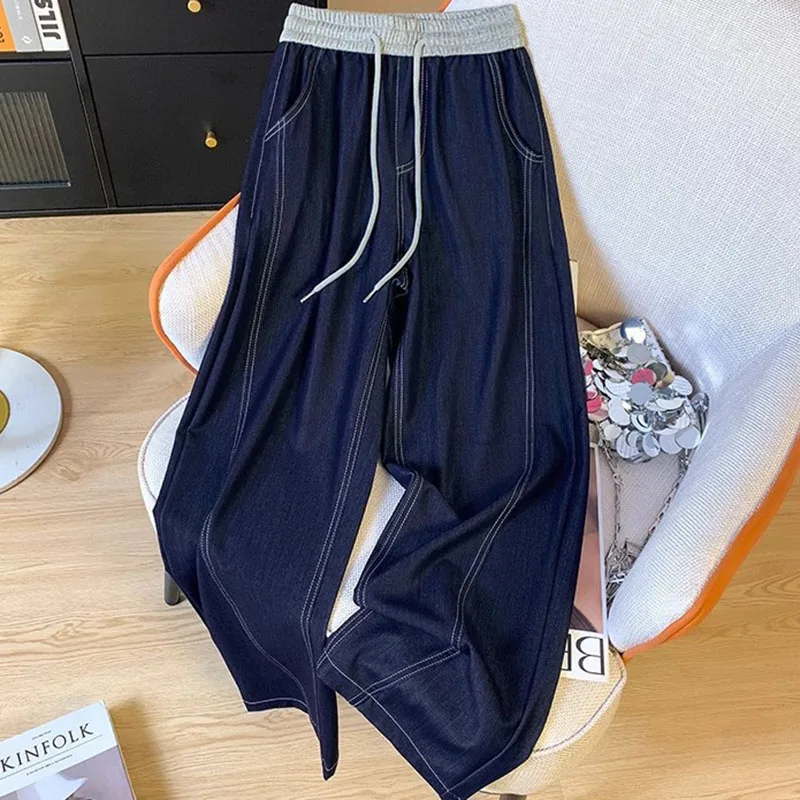 

2025 New Women Baggy Wide Leg Jeans Fashion Patchwork Elastic Waist Thin Denim Pants Ladies Casual Loose Drape Straight Trousers