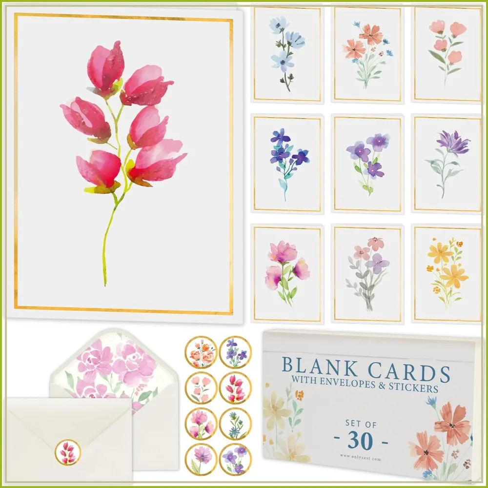 30 Premium Blank Cards with Envelopes & Stickers, 4x6 Inches | Elegant Floral Designs, Blank Inside, Gift-Ready
