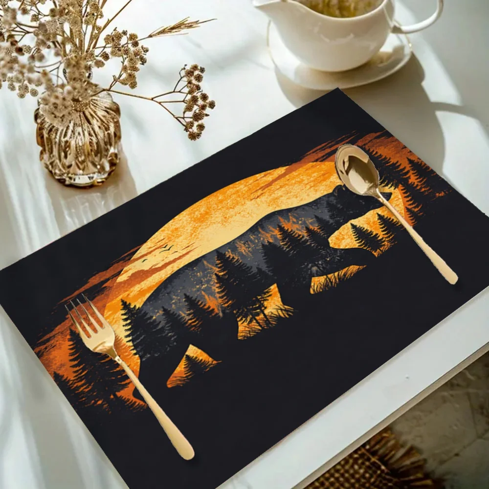 Elegant Stylish Bear Forest Sunset Table Pad, Washable Placemat for Dining, Coffee Table, Home Decor and Holiday Party Gift