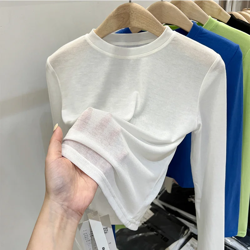 

Spring Round-neck Skinny Bottoming T-shirt Solid Color Long Sleeve Basic T-shirt Female Minimalist Tight-fit Blue Chic Tops