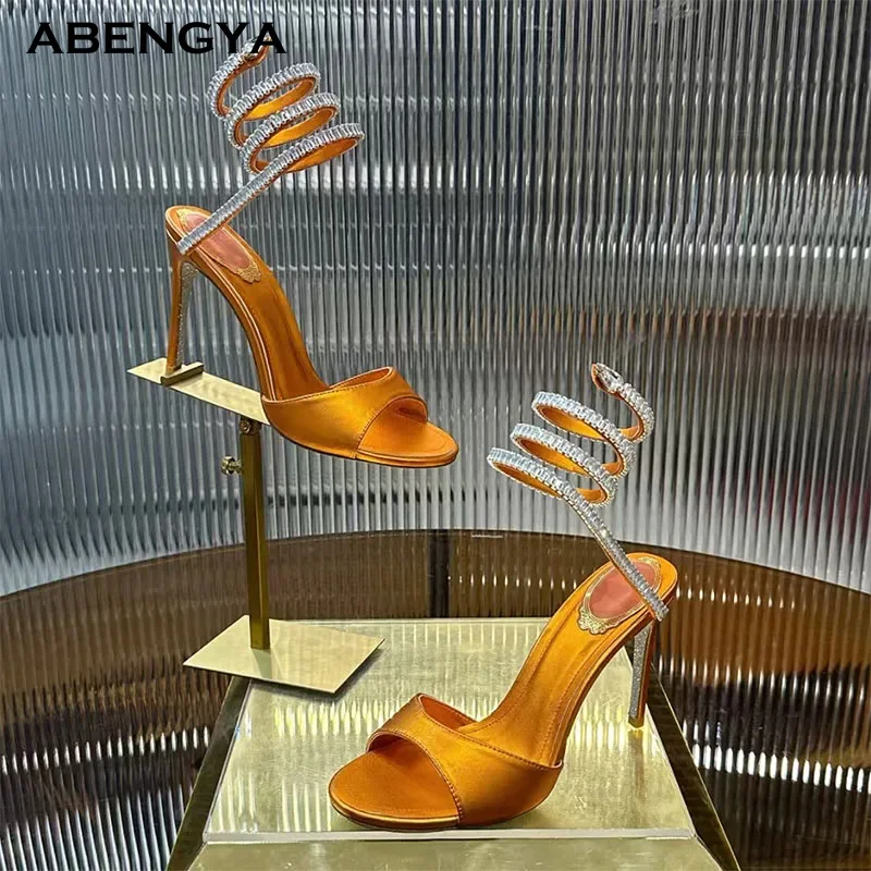 

Summer Sexy Silk Gladiator Sandals Women Crystal Ankle Snake Strap High Heels Dress Prom Shoes Black Party Wedding Shoes Woman