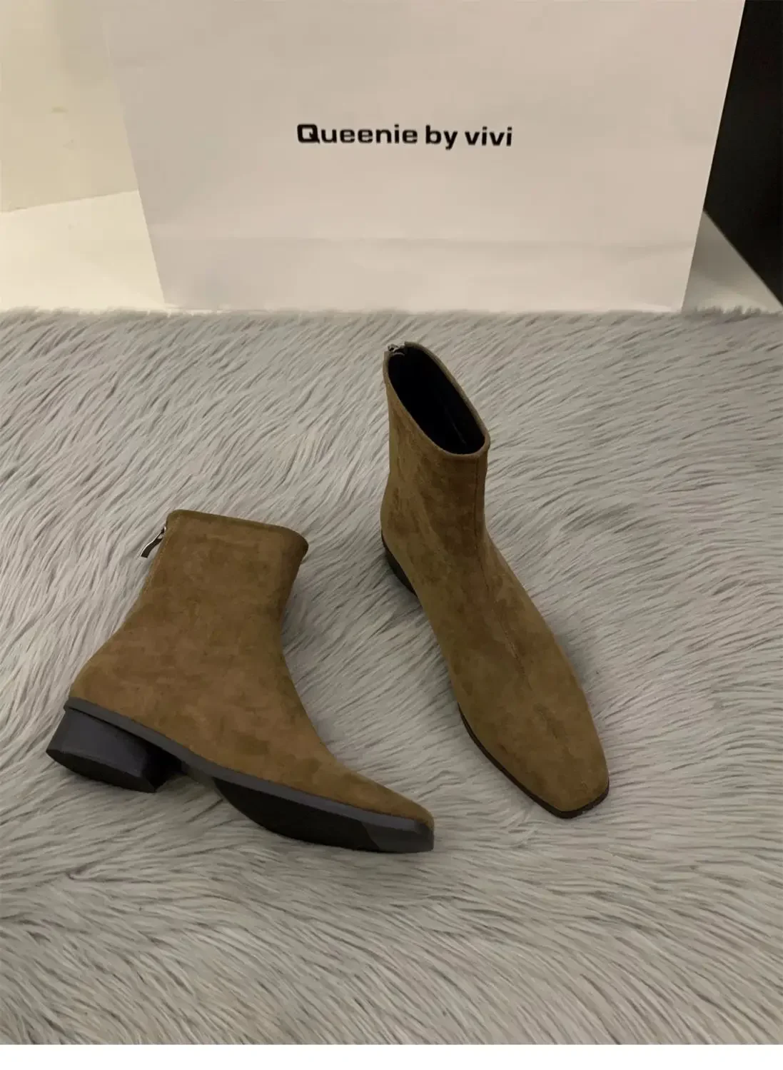 Pfirsichfarbener Rückenreißverschluss Nude-Stiefel Modischer Quadratischer Zeh Herbst/Winter-Stil Hoher Absatz Elegante Damen-Kurzstiefel – Detail 8