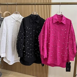 2024 Spring Autumn New Women's Fashion Commuter Solid Color Beading Polo Collar Flare Sleeves Casual Shirts Single-breasted Tops