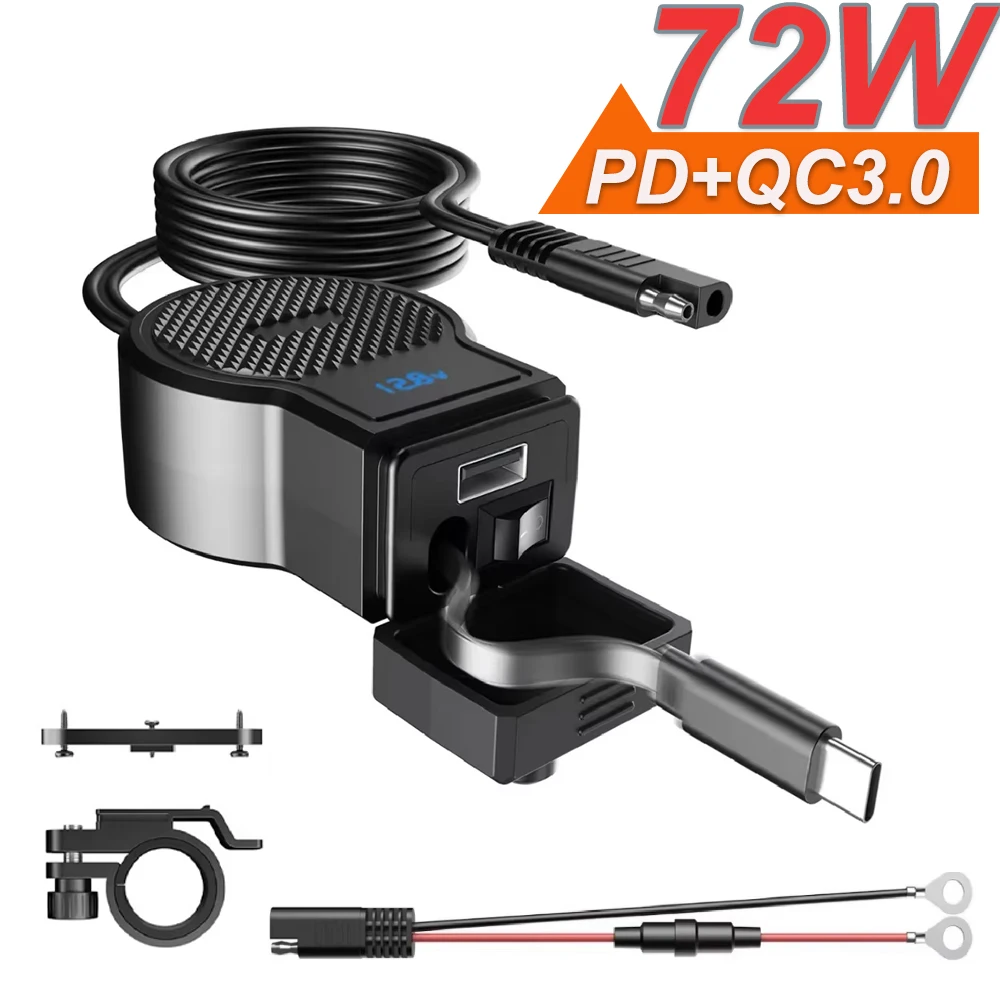 PD QC4.0 Motorcycle Fast Charger Waterproof Retractable Cable Type-C Port Socket with Voltmeter Display Motorcycle Accessories