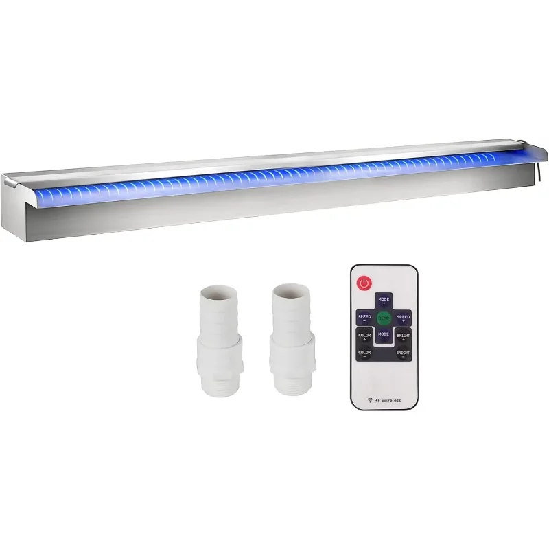 Fuente de piscina Cascada de piscina de acero inoxidable 35,4" de ancho x 4,5" de profundidad x 3,1" de alto con tira LED y conector de tubo