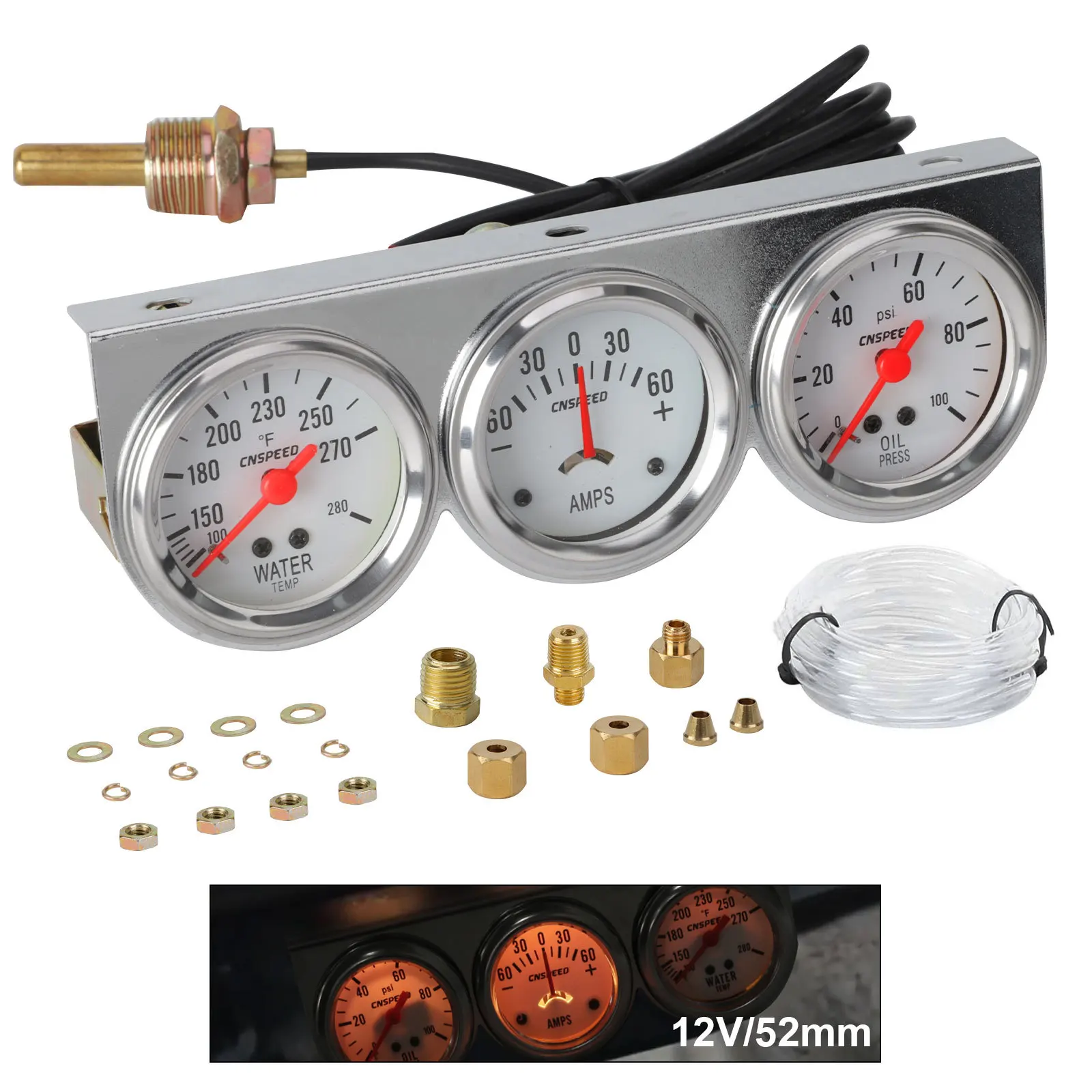 Water Temp Amp Meter Gauge With Sensor Triple Gauge Set Mechanical Chrome Panel Oil Press 52mm Auto Car Oil Pressure