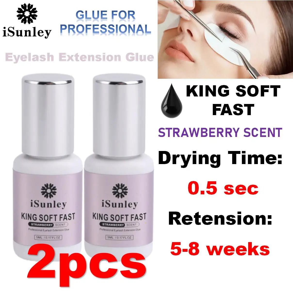 

ISunley 5ml 0.5 Second Fast Drying Strong False Eye Lash Extension Glue Adhesive Retention 5-7 Weeks No Irritant Eyelash Glue