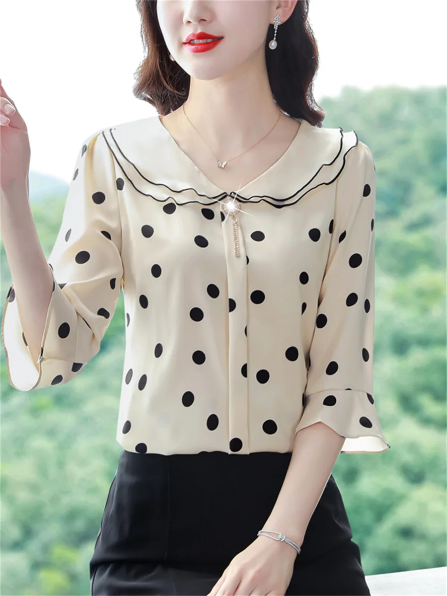 Women Spring Summer Blouses Shirts Lady Fashion Casual Half Sleeve Ruffles Collar Polka Dots Blusas Tops CT0216