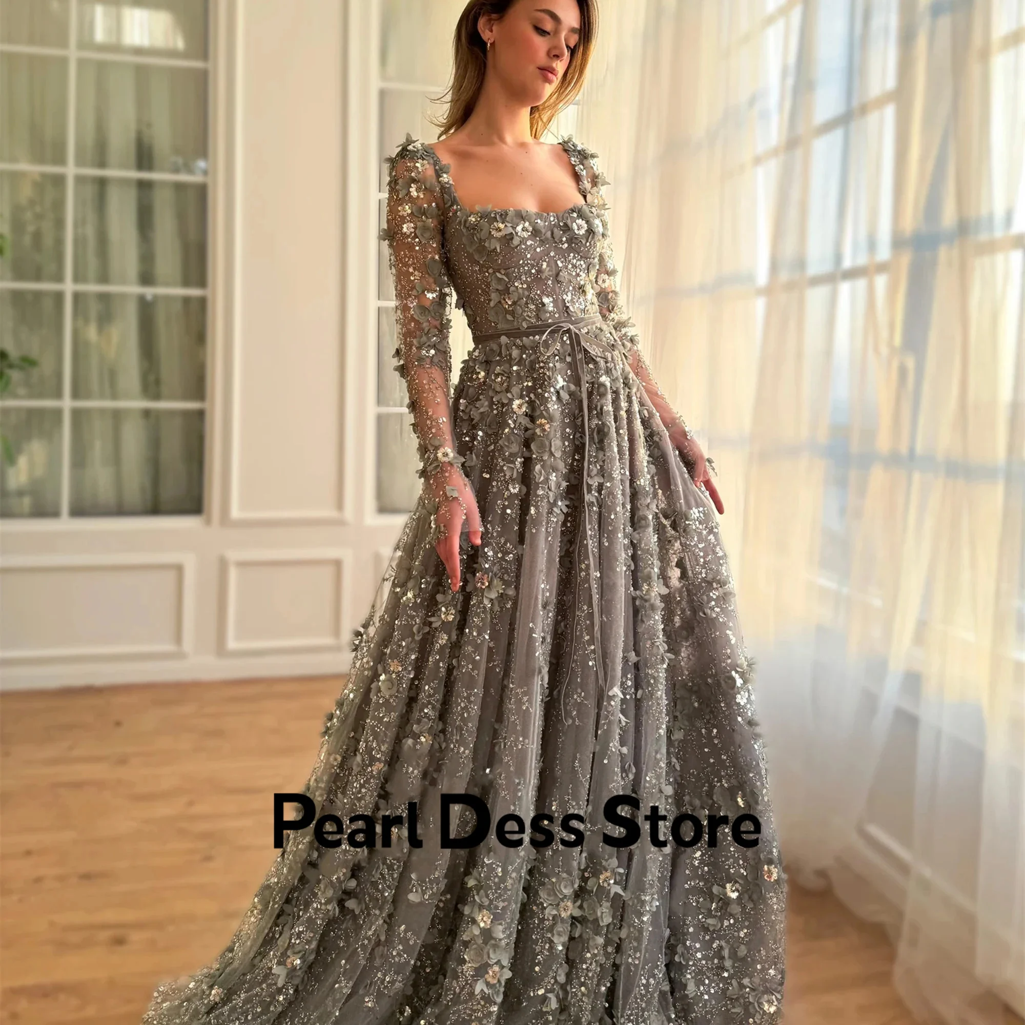 Pearl Embroidered Lace Dresses Gala Dresses Woman 2024 for Party Grey Elegant Chic Dress Es Square Collar Long Sleeves Evening