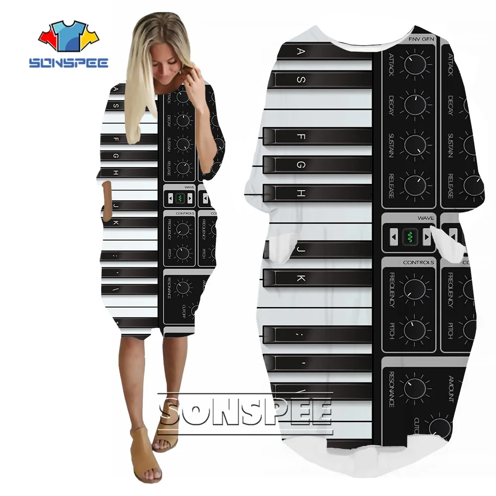 SONSPEE Black and White Keys 3D Printed Women's Cool Dress Long Sleeve Piano Graphic Harajuku Pocket Skirt Oversize Skirts