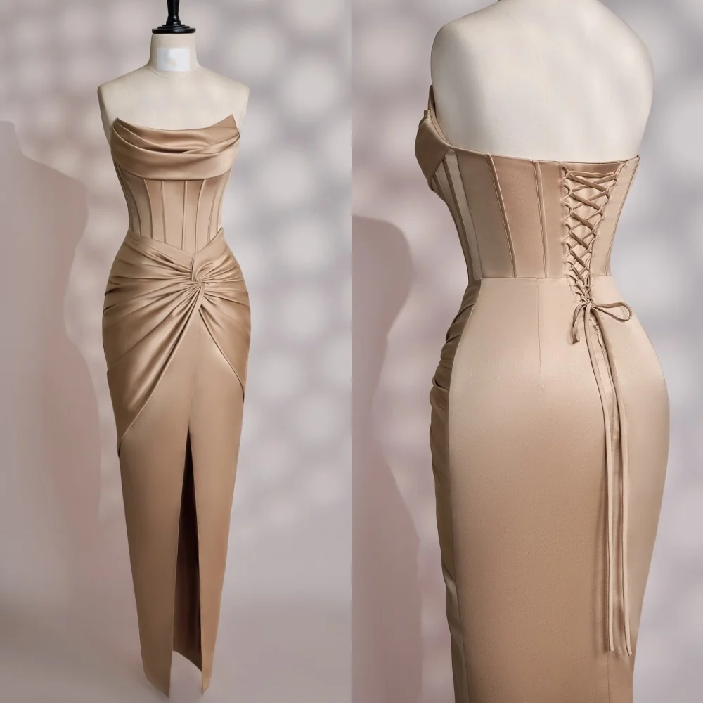 

Customized Fashion Elegant Charmeuse Pleat Bow Straight Strapless Long Dresses Bespoke Occasion Matching