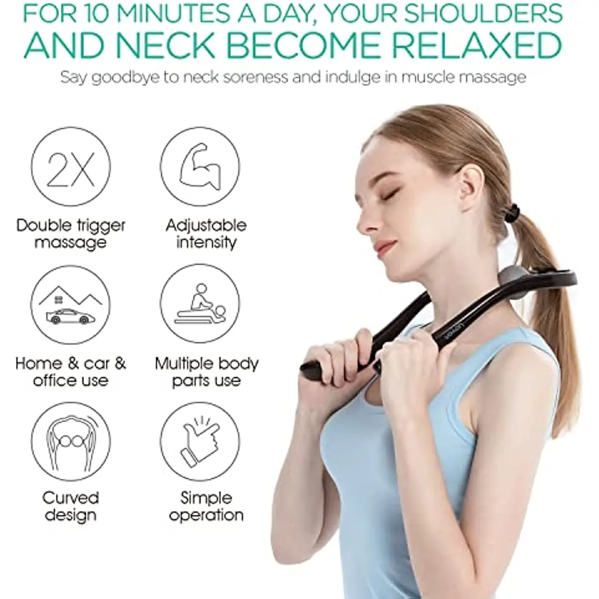 Neck Massager Shiatsu Deep Tissue Dual Trigger Point Shoulder Massager Pain Relief Ergonomic Handle Design Lightweight Portable