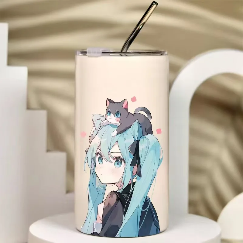 Anime Hatsune Miku cartoon pattern Kawaii thermos cup ins niche coffee cup dual-purpose stainless steel straw cup with lid