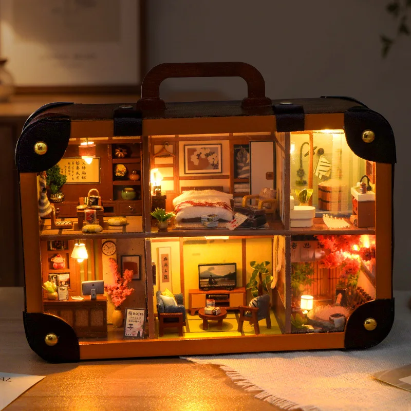 DIY Wooden Japanese Hot Spring Hotel Cottage Figurines Miniatures Kits Mini Casa for Friends Birthday Gifts Home Decor Crafts