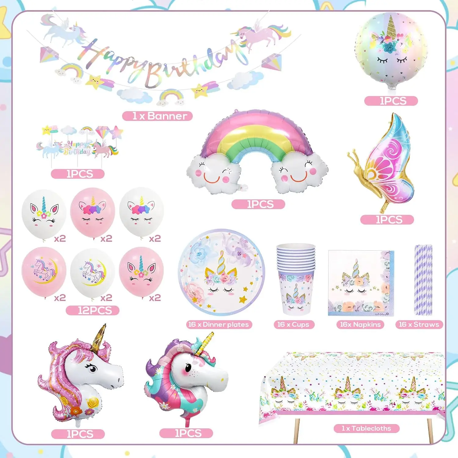 Unicorn Birthday Party Tableware Set Decorations Paper Plates Cups Napkins 16 Guests Baby Shower Supplies Favors 4 5 7 Years view 3