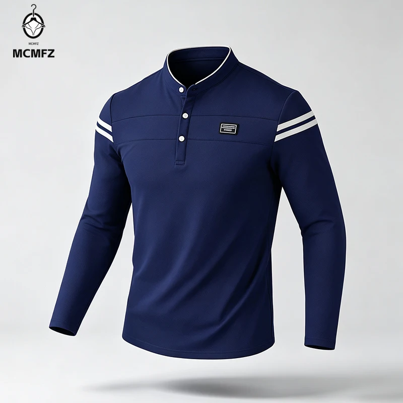 Male Urban Long Sleeve Polo Shirt Stand Collar Striped Decal For City Commute And Daily Street Leisure Matching Look view 3
