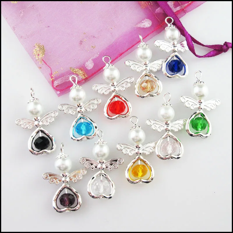 10Pcs Mixed Heart Crystal Angel with Ball Glass Beads Charms Pendants 22x33mm