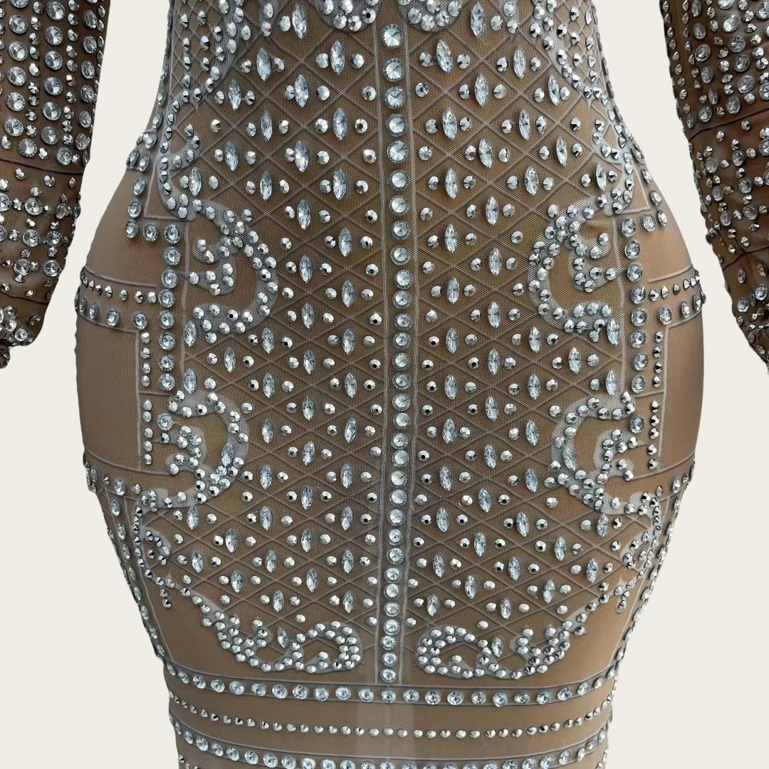 Magua Luxury Sparkly Rhinestone Tight Fitting Dress Long Sleeved Sexy Mesh Short Dress Event Prom Party High-end Women Couture