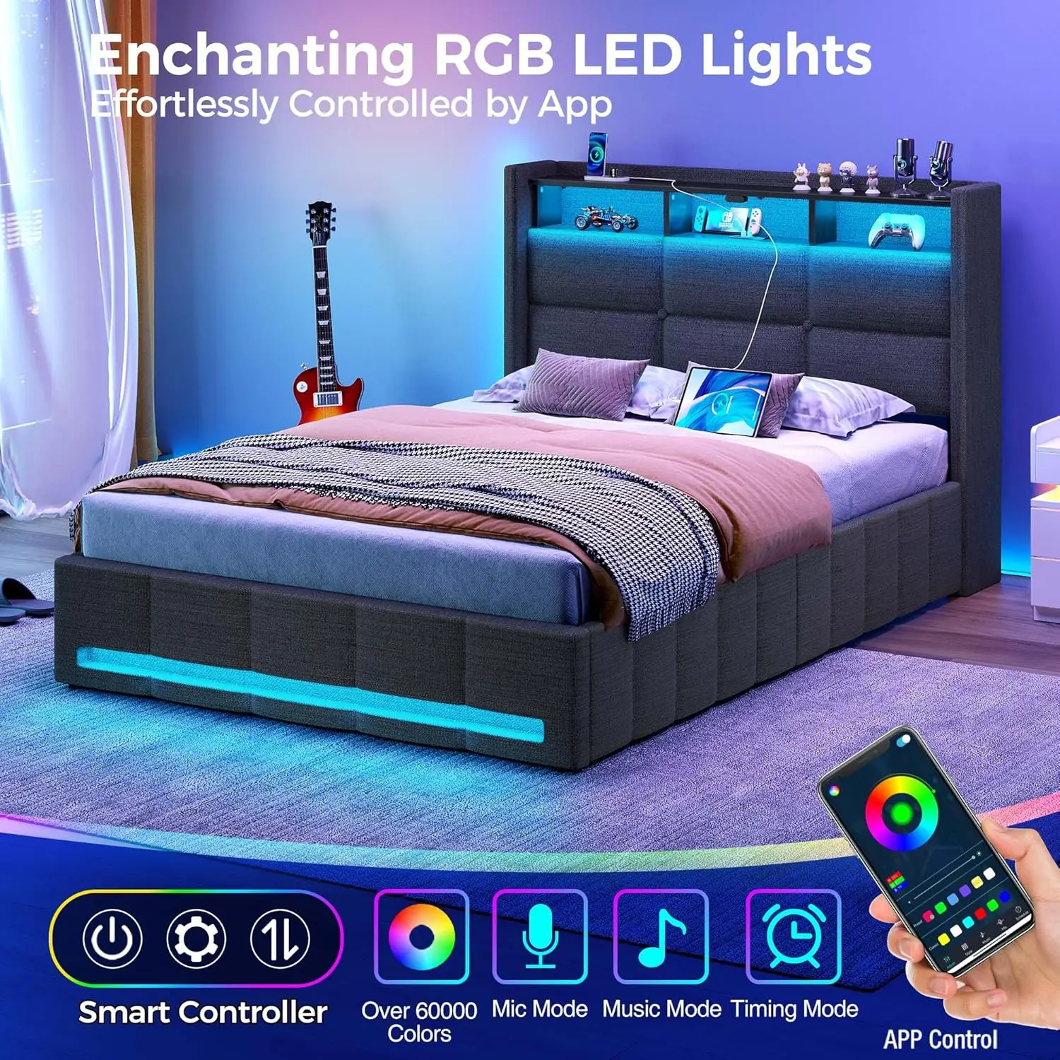 Estructura de cama de tamaño doble con almacenamiento de elevación, estación de carga y luces LED, cabecero de almacenamiento tapizado, resistente Woo