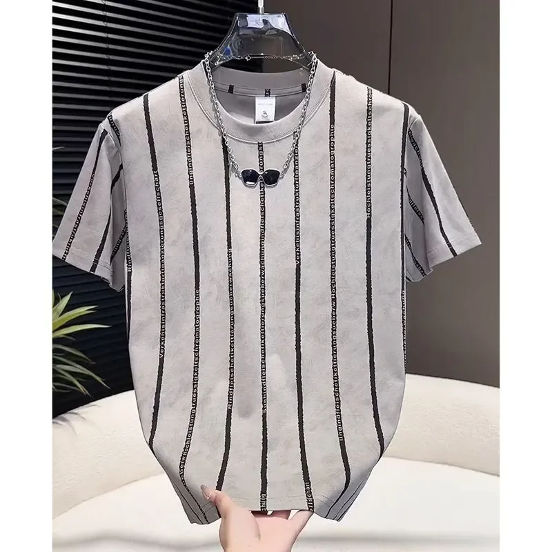 Loose Crew Neck Striped Color Block T Shirt Men Thin Breathable Casual Short Sleeve Tee