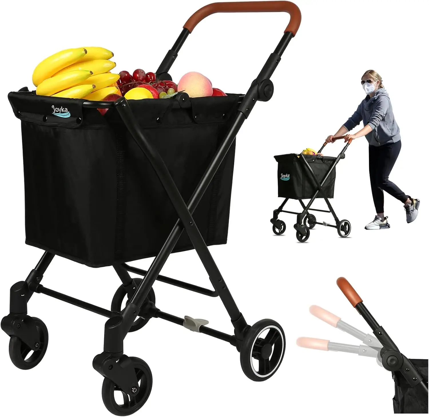 Shopping Cart 55 Liters Grocery Cart Utility Cart Shopping Trolleys with Larger Capacity Rolling Front Swivel Wheels Height Adju