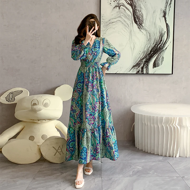 

V-Neck Printed Long Dress Women's Clothing 2024 Spring New Elastic Waist Retro Floral Dresses Ruffled Beach Luxury Party Vestido