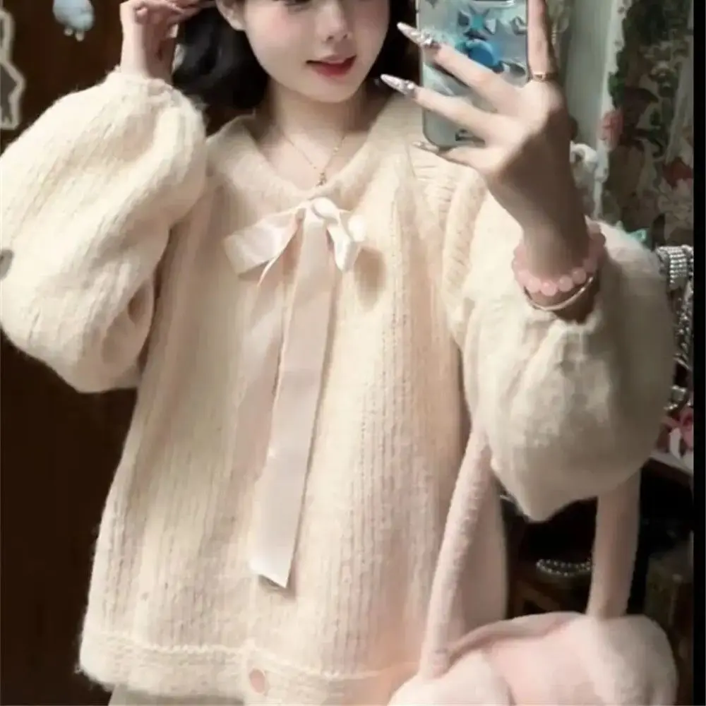

Japan Sweet Girly Style Bow Tie Sweater Women'S New Autumn And Winter Loose Long-Sleeved Jacket Trendy