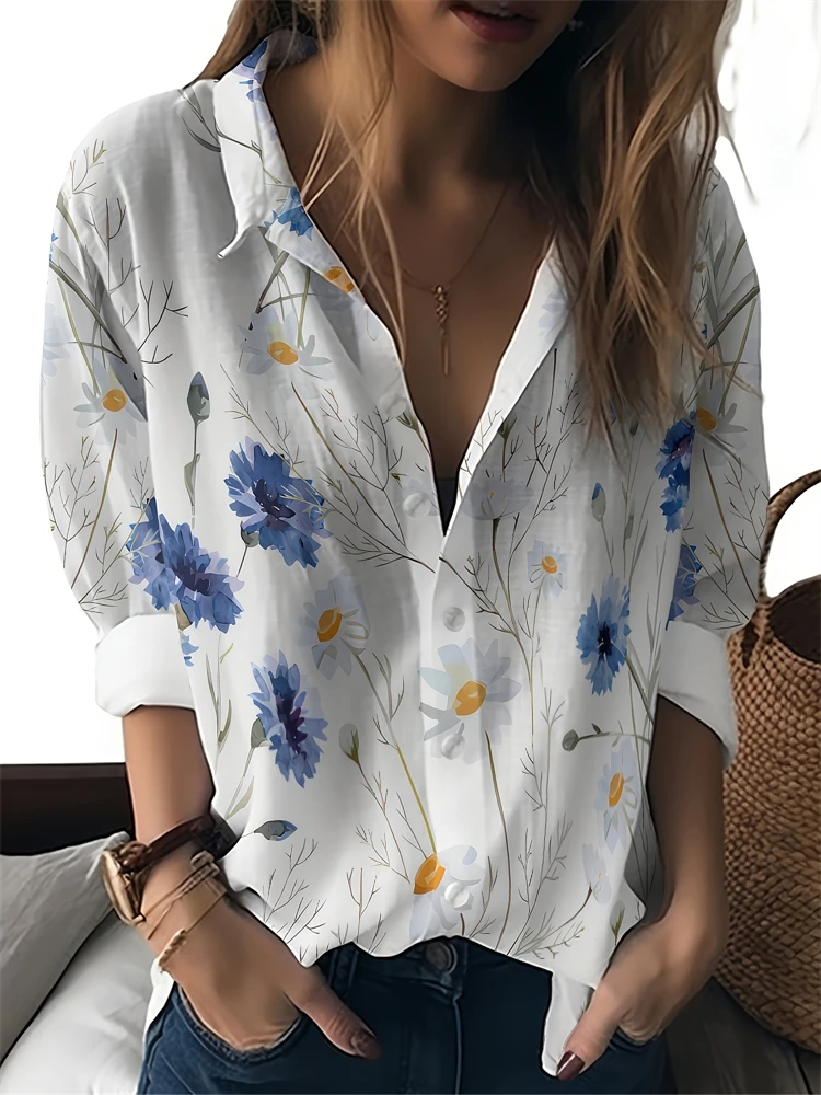 

New Floral Printed Women's Casual Shirt Fashion Street Button Women's Shirt Turtleneck Design Large Size Women's Loose Top