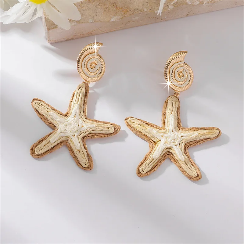 Vacation Ocean Style Spiral Conch Starfish Dangle Earrings Asymmetric Raffia Woven Metal Oversized Drop Earrings Unique Bohemian