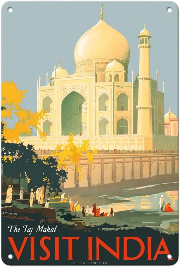Pacifica Island Art Visit India - Taj Mahal Agra Vintage Travel Poster by William Spencer Bagdatopoulos c.1930- Metal Tin Sign