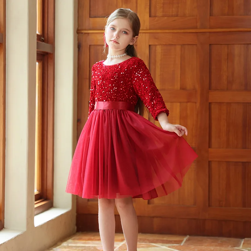 Red Girls' Formal Dress, Children's High-end Sequin Mesh Princess Dress, Baby Girls' Performance Outfit
