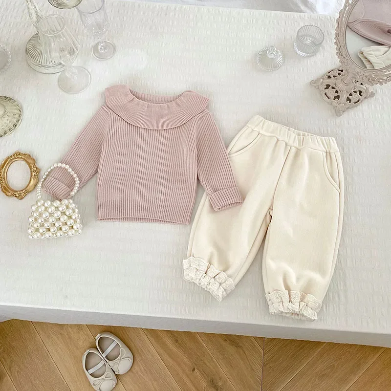 MILANCEL New Autumn Baby Casual Pants Infant Fleece Padded Lace Pants Legs Toddler Girls Outwear Sweatpants