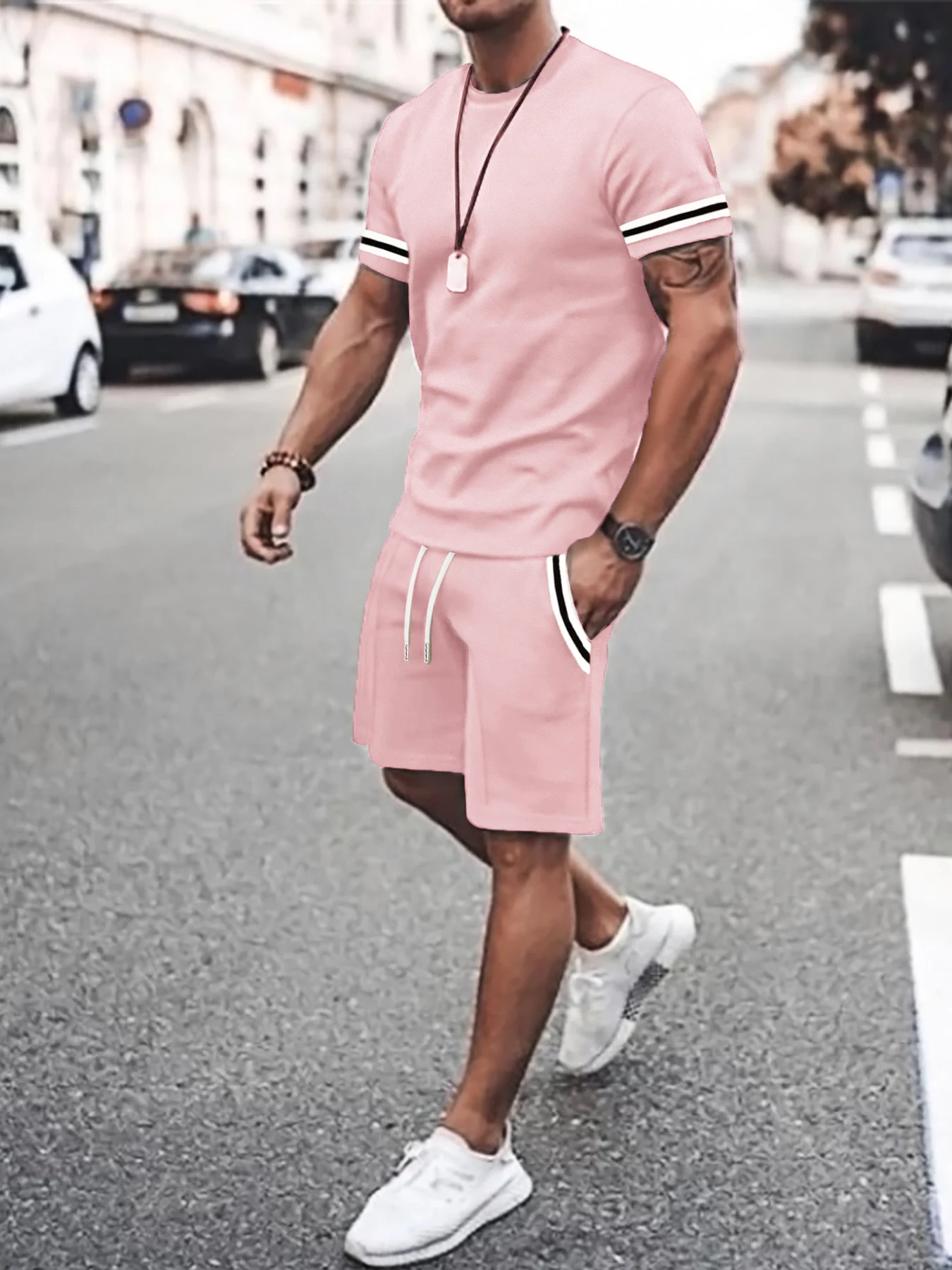 

Men's Summer Casual Tracksuit, Breathable T-Shirt & Side Stripe Shorts for Daily Wear
