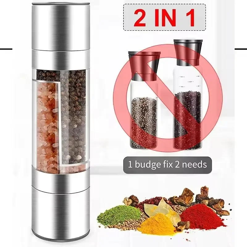 Salt and Pepper Grinder Mill 2 in 1 Manual Stainless Steel Salt Pepper Mills Multi Mill Salt Pepper Adjustable Ceramic Grinding