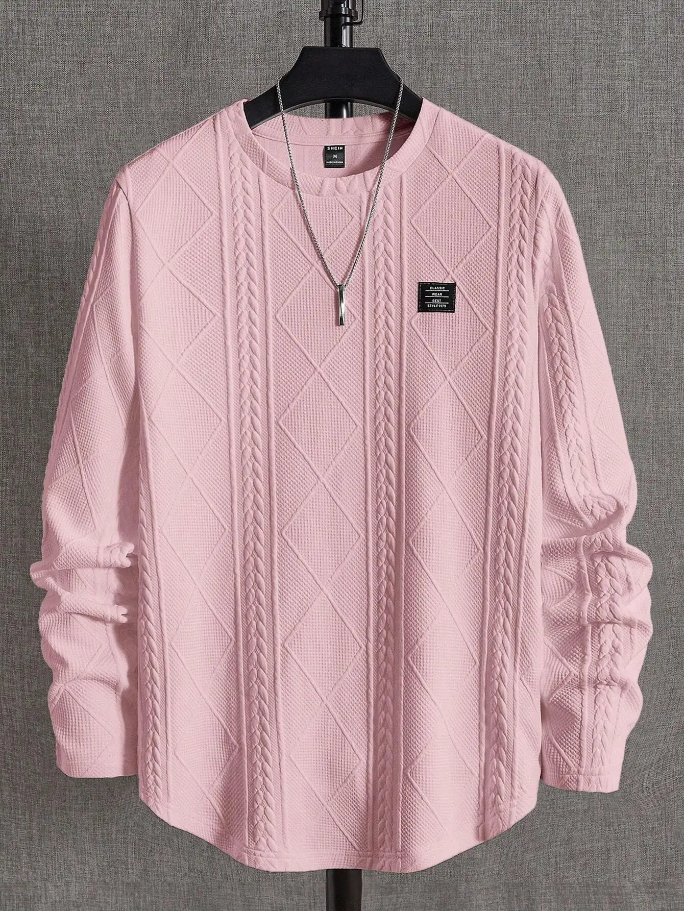 

Men's Textured Knit Long Sleeve Casual Top with Cable & Diamond Pattern