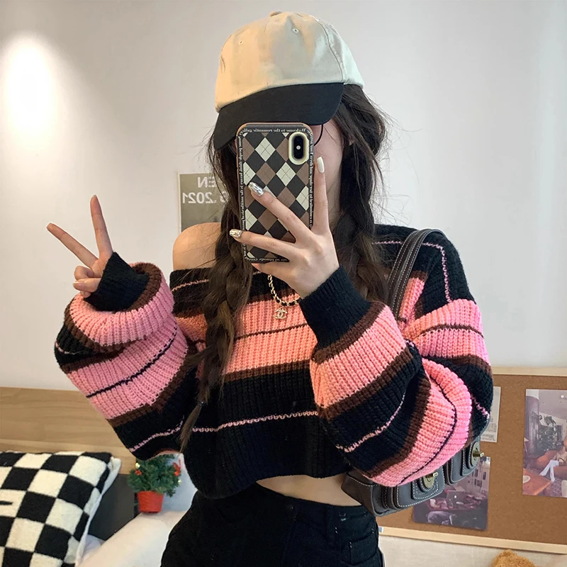 Women Striped Jumper Vintage Female Autumn Long Sleeve Casual Cropped Sweater