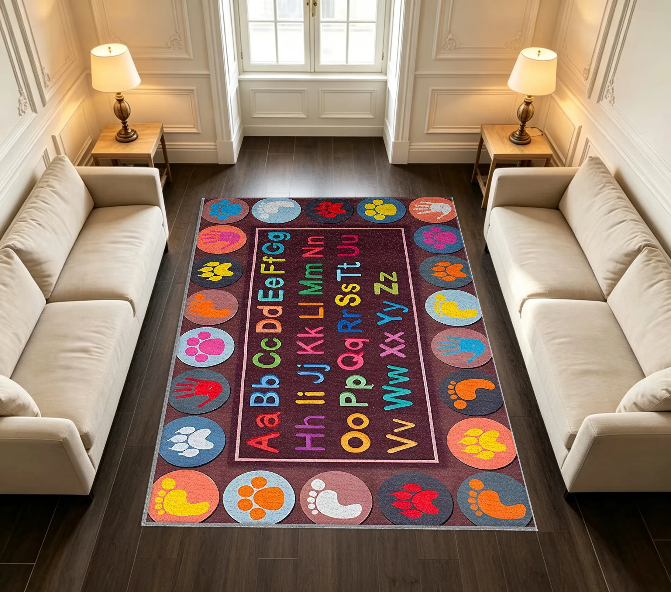 Colorful Children's Alphabet Handprint and Footprint Educational Non-Slip Carpet Playroom Mat
